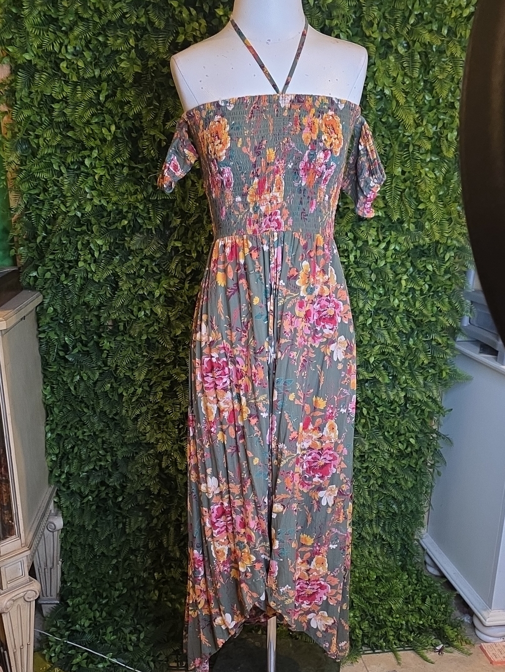 Angie Olive Green Off-Shoulder Floral Maxi Dress with Pink & Yellow Blooms